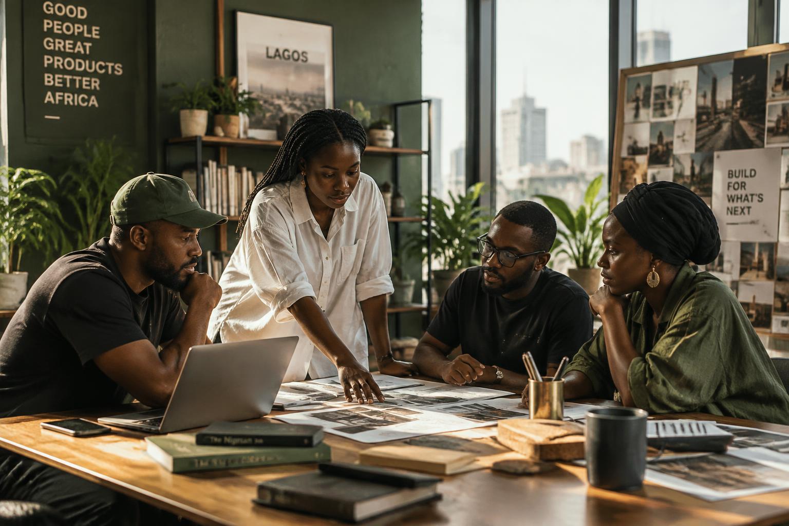 Founders reviewing plans around a studio table
