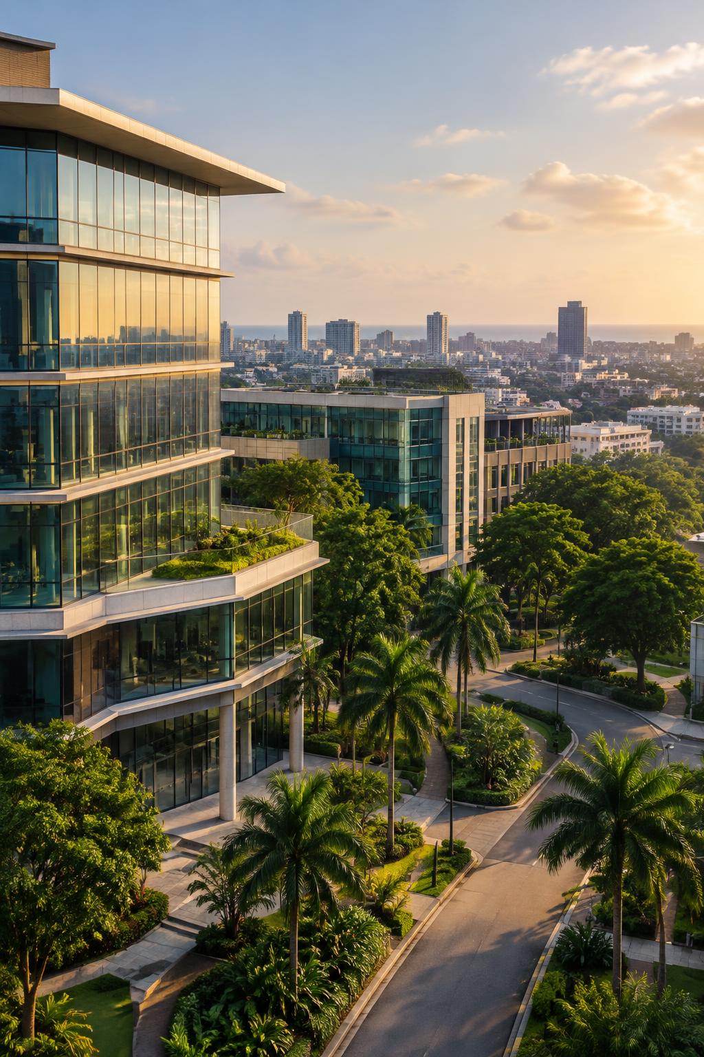 Contemporary buildings and greenery above an African city